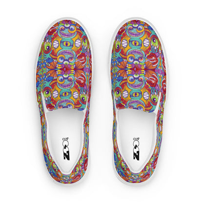 Psychedelic monsters having fun pattern design Men’s slip-on canvas shoes. Top view