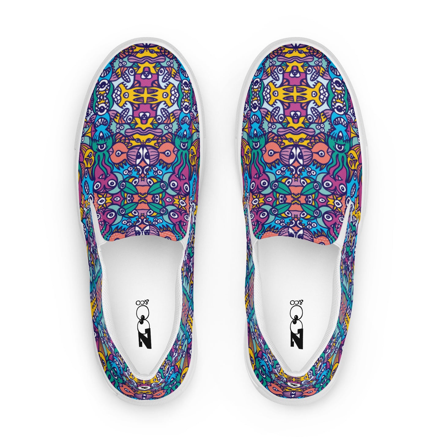 Whimsical design featuring multicolor critters from another world Men’s slip-on canvas shoes. Top view