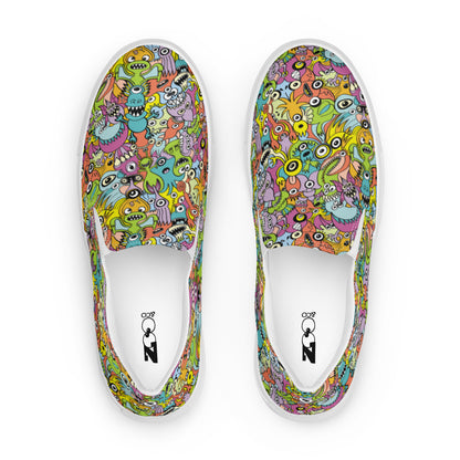 Funny monsters fighting for the best spot for a pattern design Men’s slip-on canvas shoes. Top view