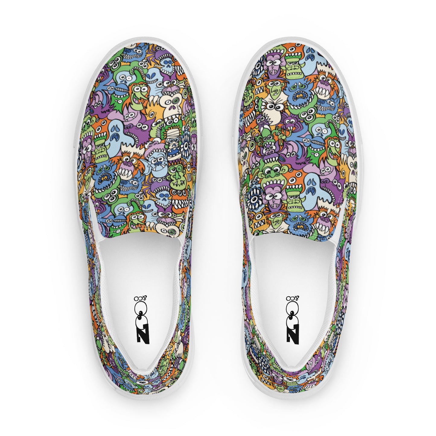 All the spooky Halloween monsters in a pattern design Men’s slip-on canvas shoes. Top view