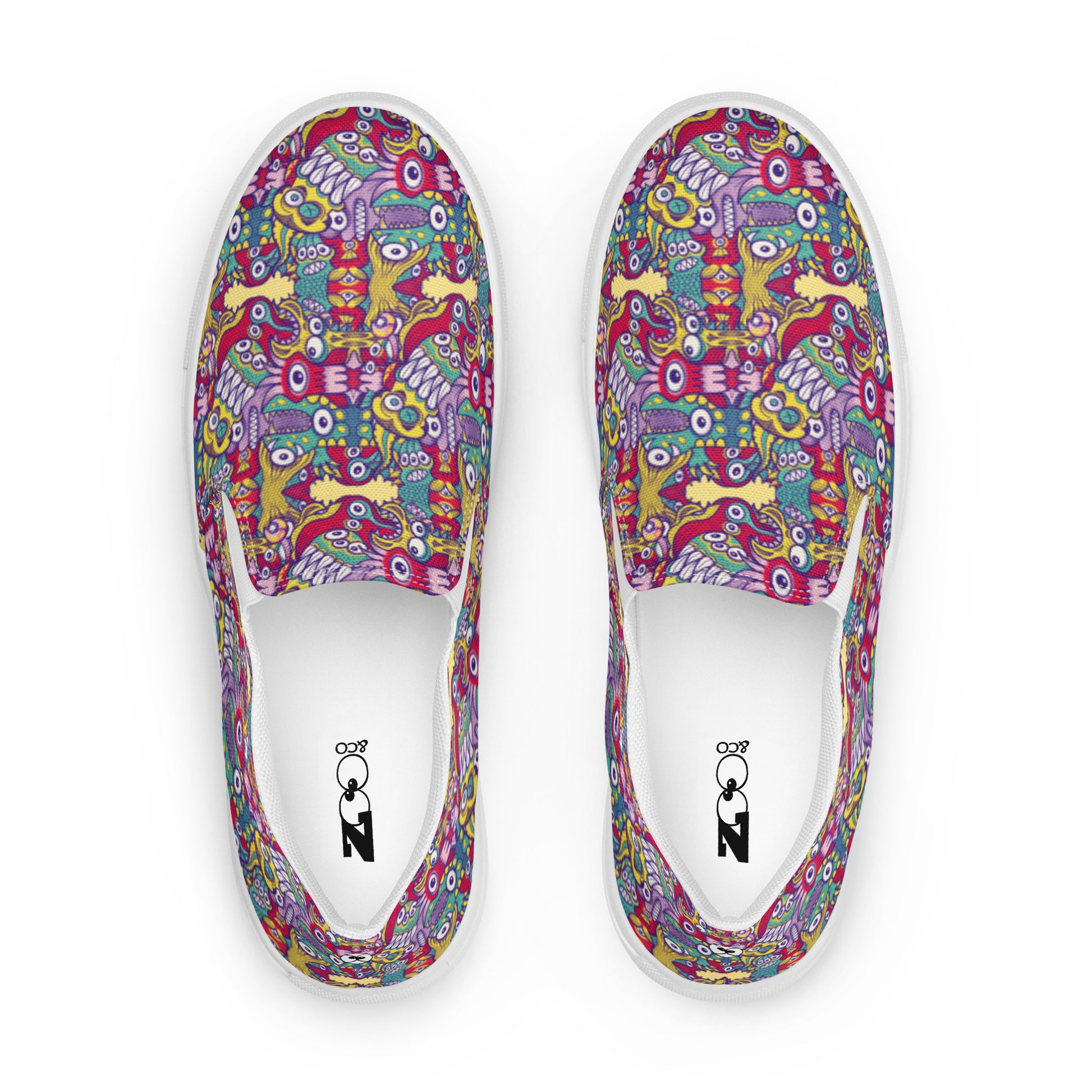 Exquisite corpse doodles in a pattern design Men’s slip-on canvas shoes. Top view