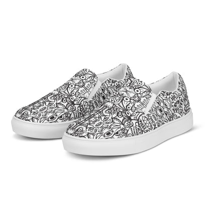 Brush style doodle critters Men’s slip on canvas shoes. Overview