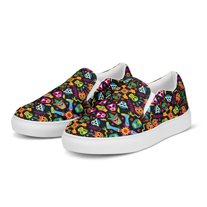 Mexican wrestling colorful party Men’s slip-on canvas shoes. Overview