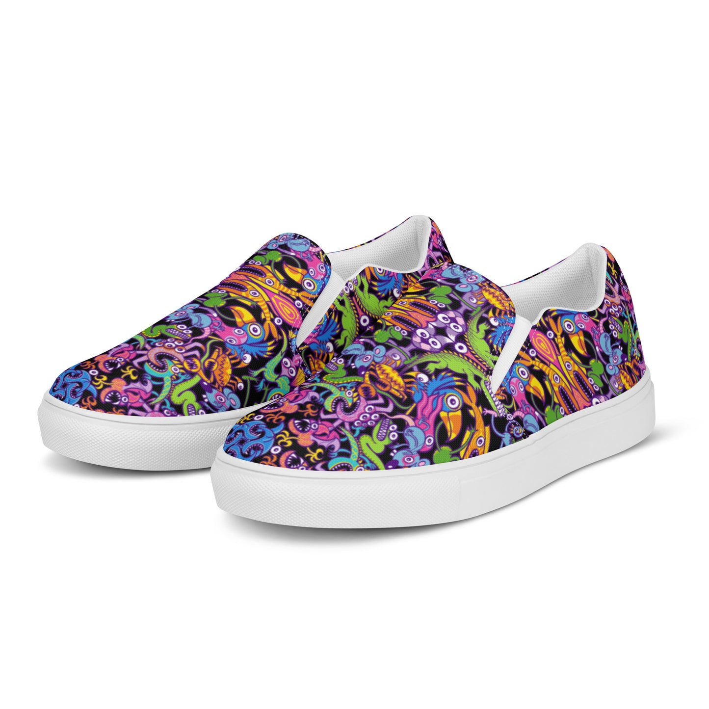 Eccentric critters in a lively crazy festival Men’s slip-on canvas shoes. Overview