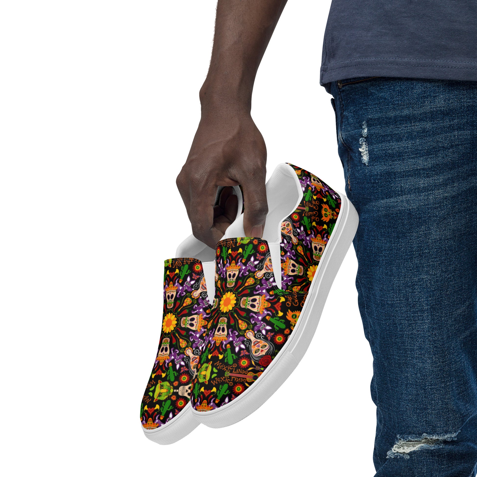 Mexican skulls celebrating the Day of the dead Men’s slip-on canvas shoes. Lifestyle