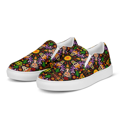 Mexican skulls celebrating the Day of the dead Men’s slip-on canvas shoes. Overview