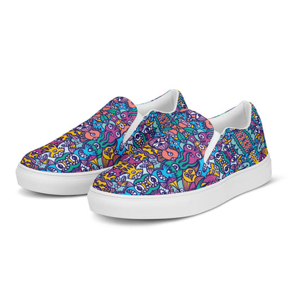 Whimsical design featuring multicolor critters from another world Men’s slip-on canvas shoes. Overview