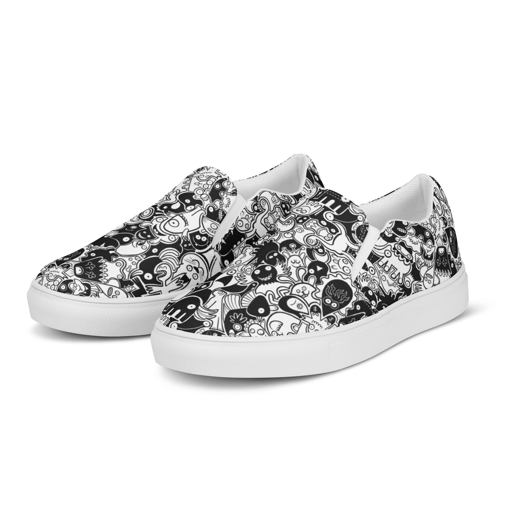 Joyful crowd of black and white doodle creatures Men’s slip-on canvas shoes. Overview