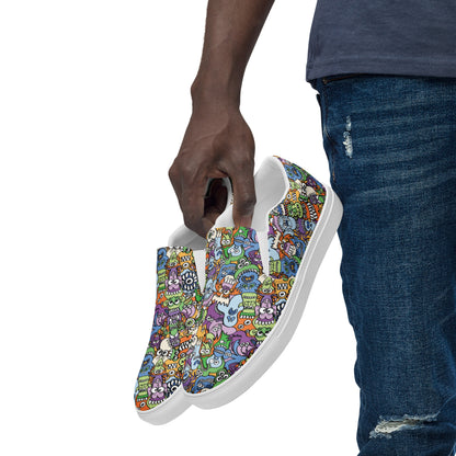 All the spooky Halloween monsters in a pattern design Men’s slip-on canvas shoes. Lifestyle