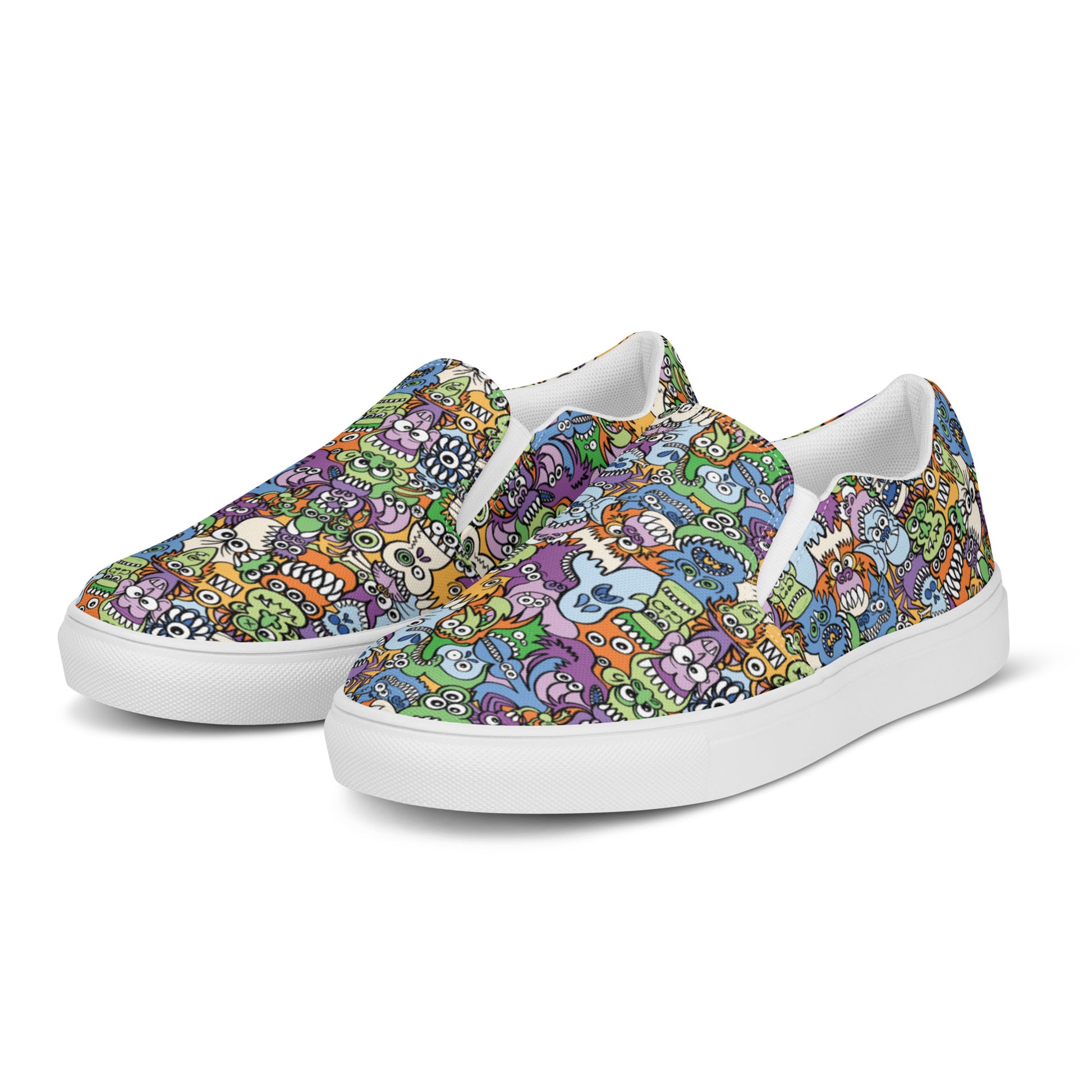 All the spooky Halloween monsters in a pattern design Men’s slip-on canvas shoes. Overview