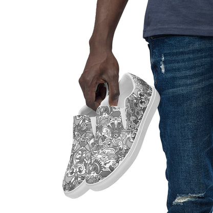 Awesome doodle creatures in a variety of tones of gray Men’s slip-on canvas shoes. Lifestyle
