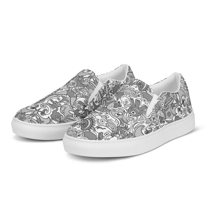 Awesome doodle creatures in a variety of tones of gray Men’s slip-on canvas shoes. Overview