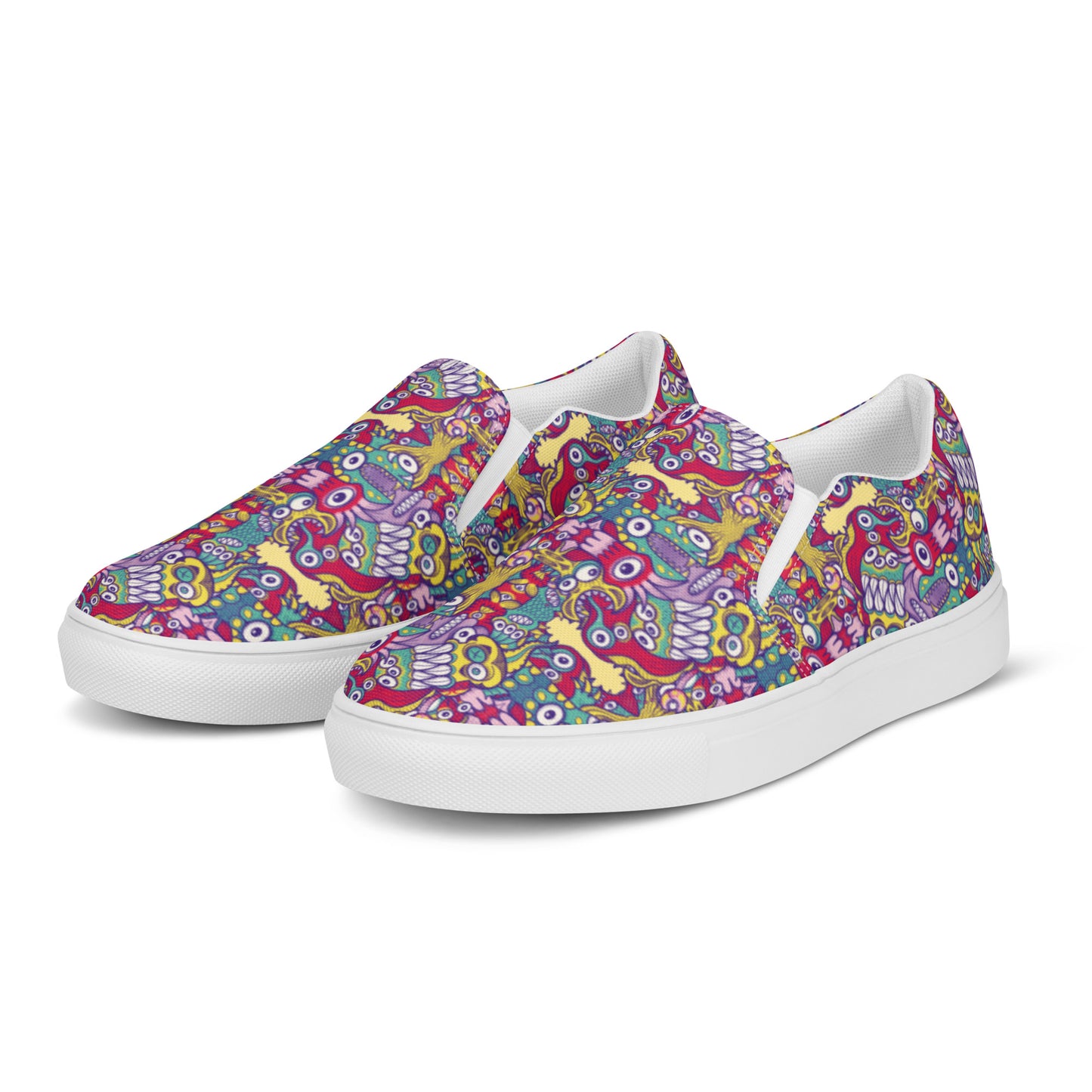 Exquisite corpse doodles in a pattern design Men’s slip-on canvas shoes. Overview