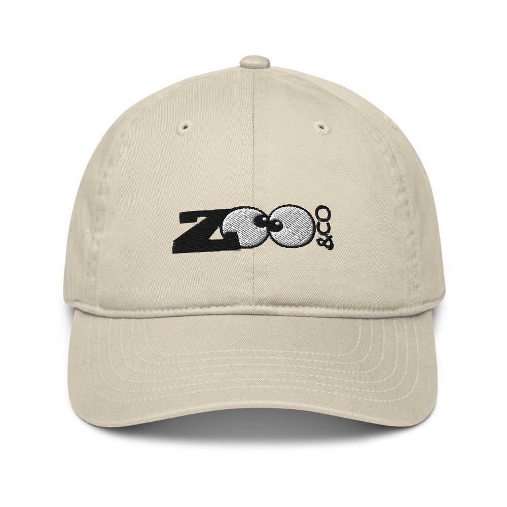 Zoo&co branded Organic dad hat. Oyster. Front view