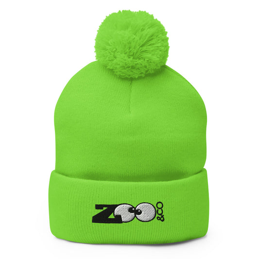 Zoo&co branded Pom-Pom Beanie. Fight the cold winter in style. Neon green. Front view