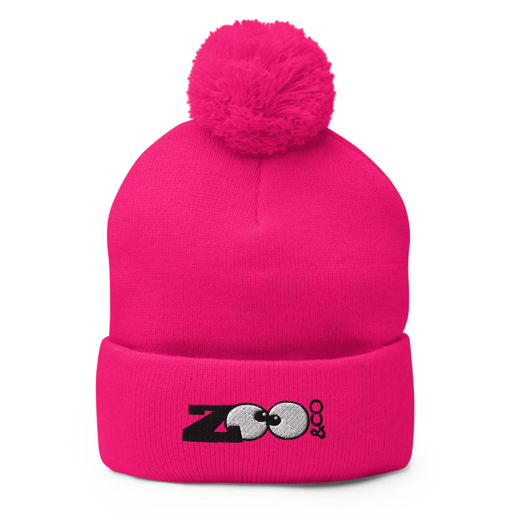 Zoo&co branded Pom-Pom Beanie. Fight the cold winter in style. Neon pink. Front view