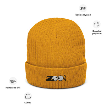 Zoo&co branded Recycled cuffed beanie. Mustard. Front view. Specifications