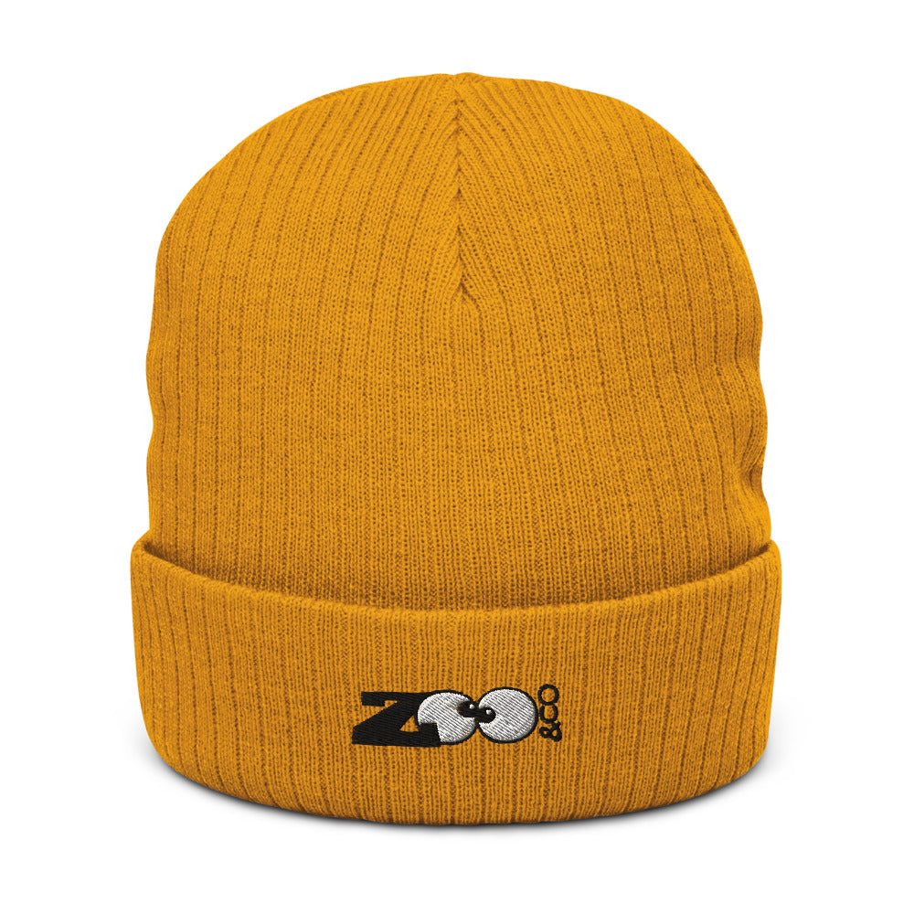 Zoo&co branded Recycled cuffed beanie. Mustard. Front viewZoo&co branded Recycled cuffed beanie. Mustard. Front view
