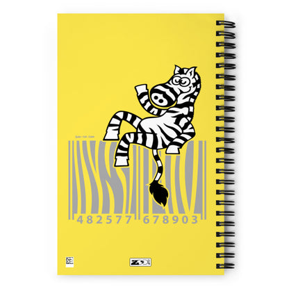 Cool zebra waving while sitting on a barcode Spiral notebook. Back view