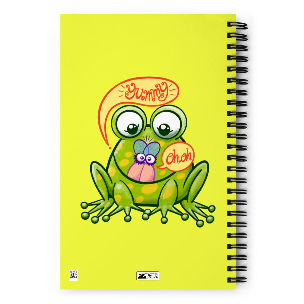 Mischievous frog hunting a delicious fly Spiral notebook. Back view