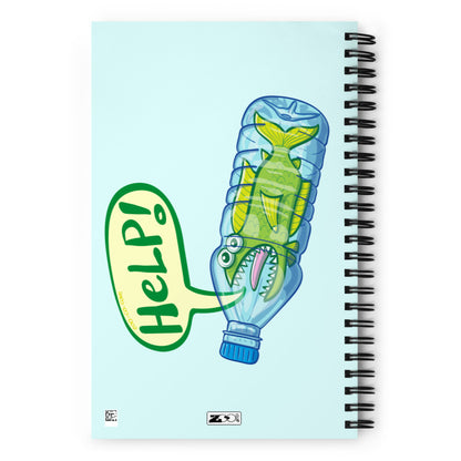 Fish in trouble asking for help while trapped in a plastic bottle Spiral notebook. Back view