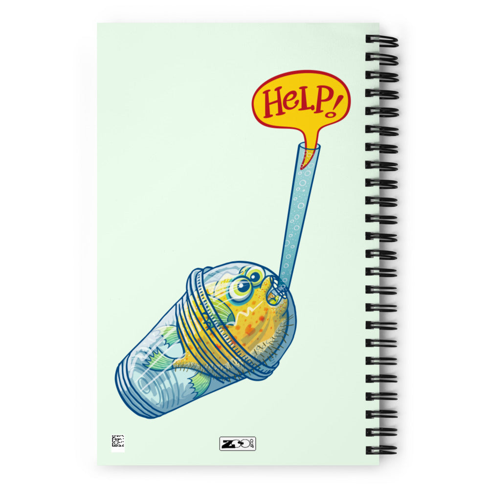 Puffer fish in trouble asking for help while trapped in a plastic glass Spiral notebook. Back view