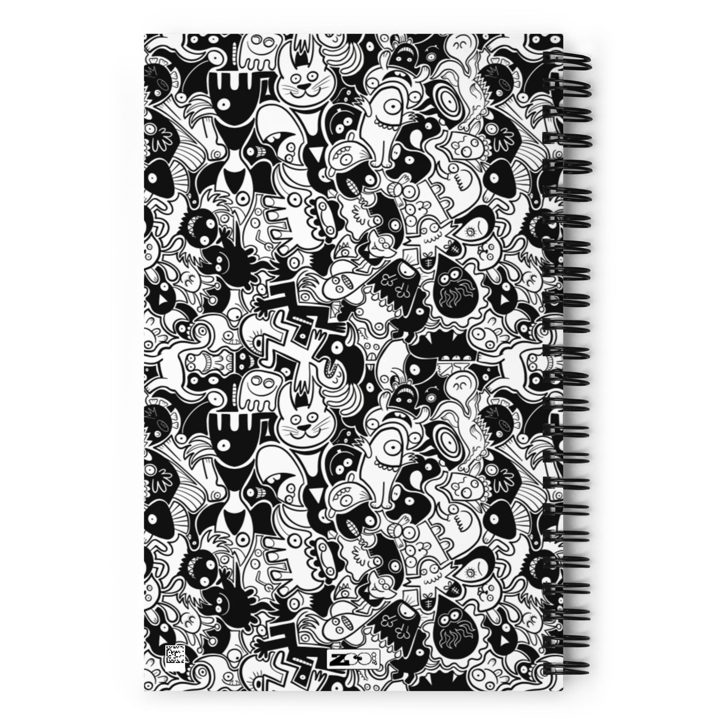 Joyful crowd of black and white doodle creatures Spiral notebook. Back view