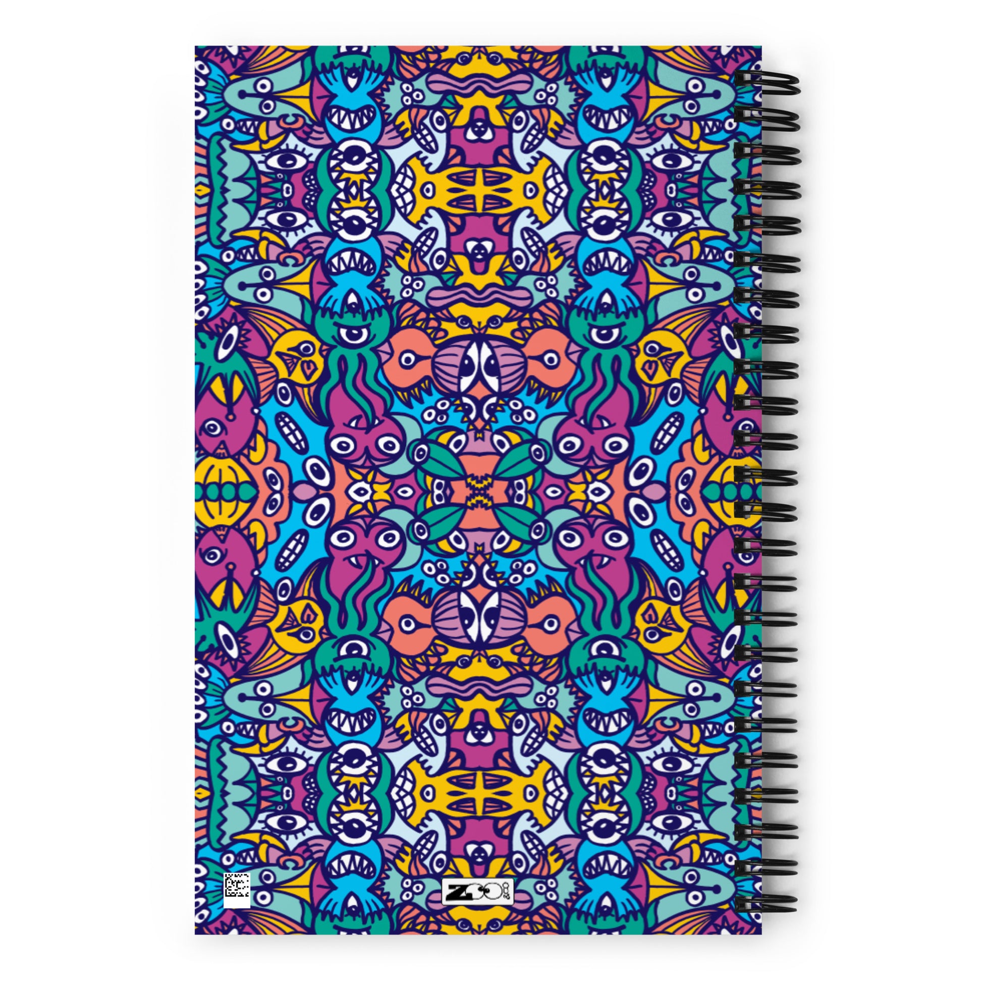 Whimsical design featuring multicolor critters from another world Spiral notebook. Back view