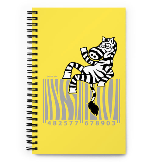 Cool zebra waving while sitting on a barcode Spiral notebook. Front view