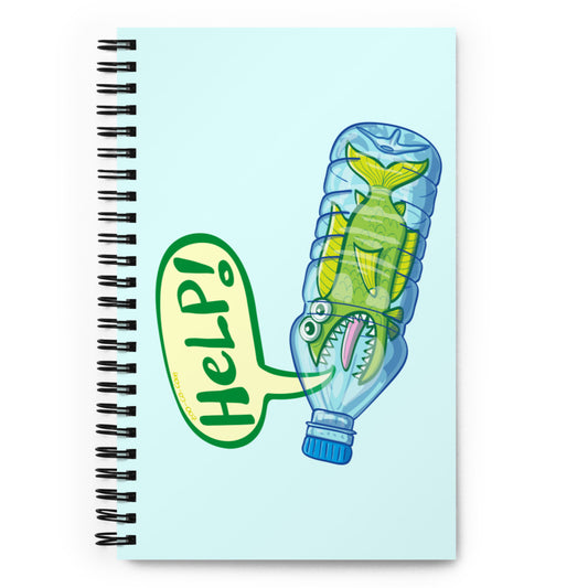 Fish in trouble asking for help while trapped in a plastic bottle Spiral notebook. Front view