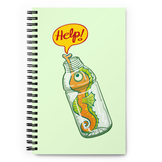 Seahorse in trouble asking for help while trapped in a plastic bottle Spiral notebook. Front view