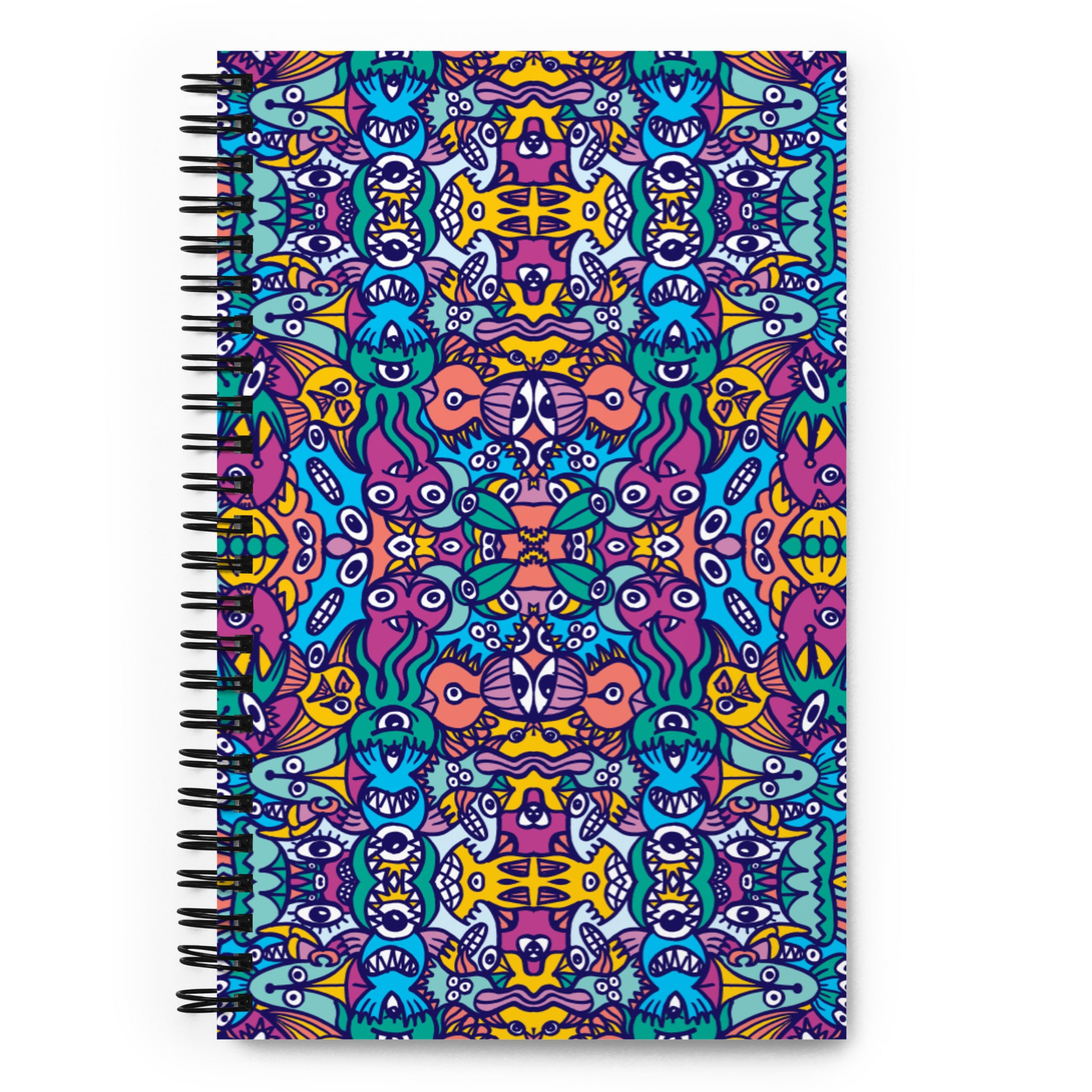 Whimsical design featuring multicolor critters from another world Spiral notebook. Front view