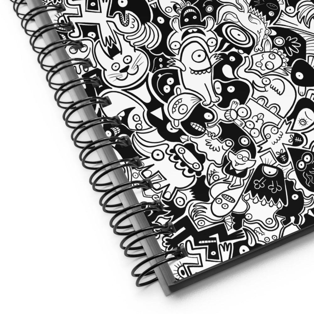 Joyful crowd of black and white doodle creatures Spiral notebook. Product detail