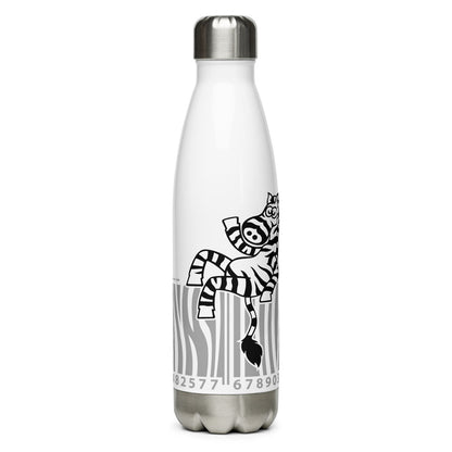 Cool zebra waving while sitting on a barcode Stainless Steel Water Bottle. 17 oz. Front view