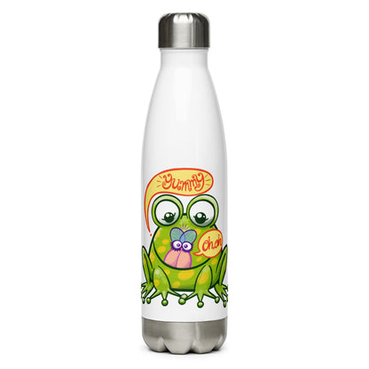 Mischievous frog hunting a delicious fly Stainless Steel Water Bottle. Front view