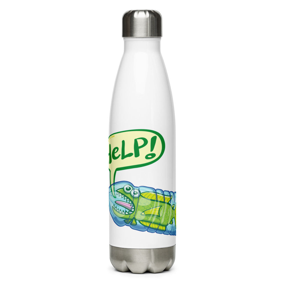 Fish in trouble asking for help while trapped in a plastic bottle Stainless Steel Water Bottle. 17 oz. Front view