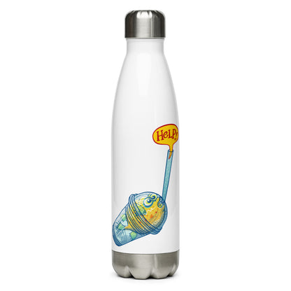 Puffer fish in trouble asking for help while trapped in a plastic glass Stainless Steel Water Bottle. 17 oz. Front view