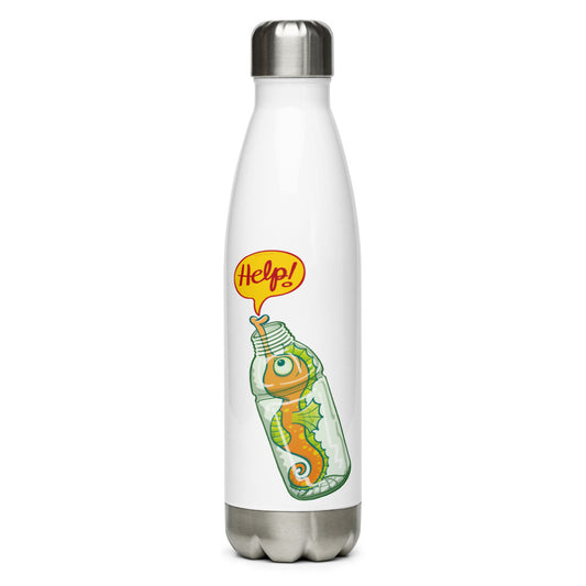 Seahorse in trouble asking for help while trapped in a plastic bottle Stainless Steel Water Bottle. Front view