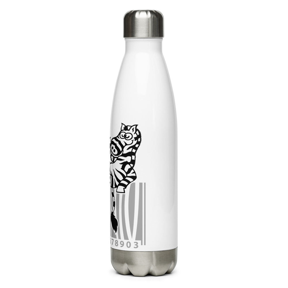 Cool zebra waving while sitting on a barcode Stainless Steel Water Bottle. 17 oz. Left view