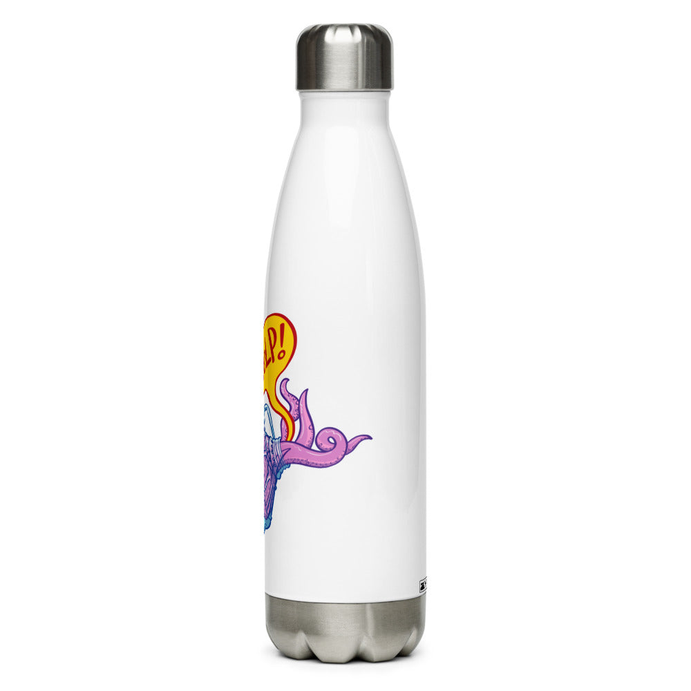 Octopus in trouble asking for help while trapped in a plastic bottle Stainless Steel Water Bottle. 17 oz. Left side view