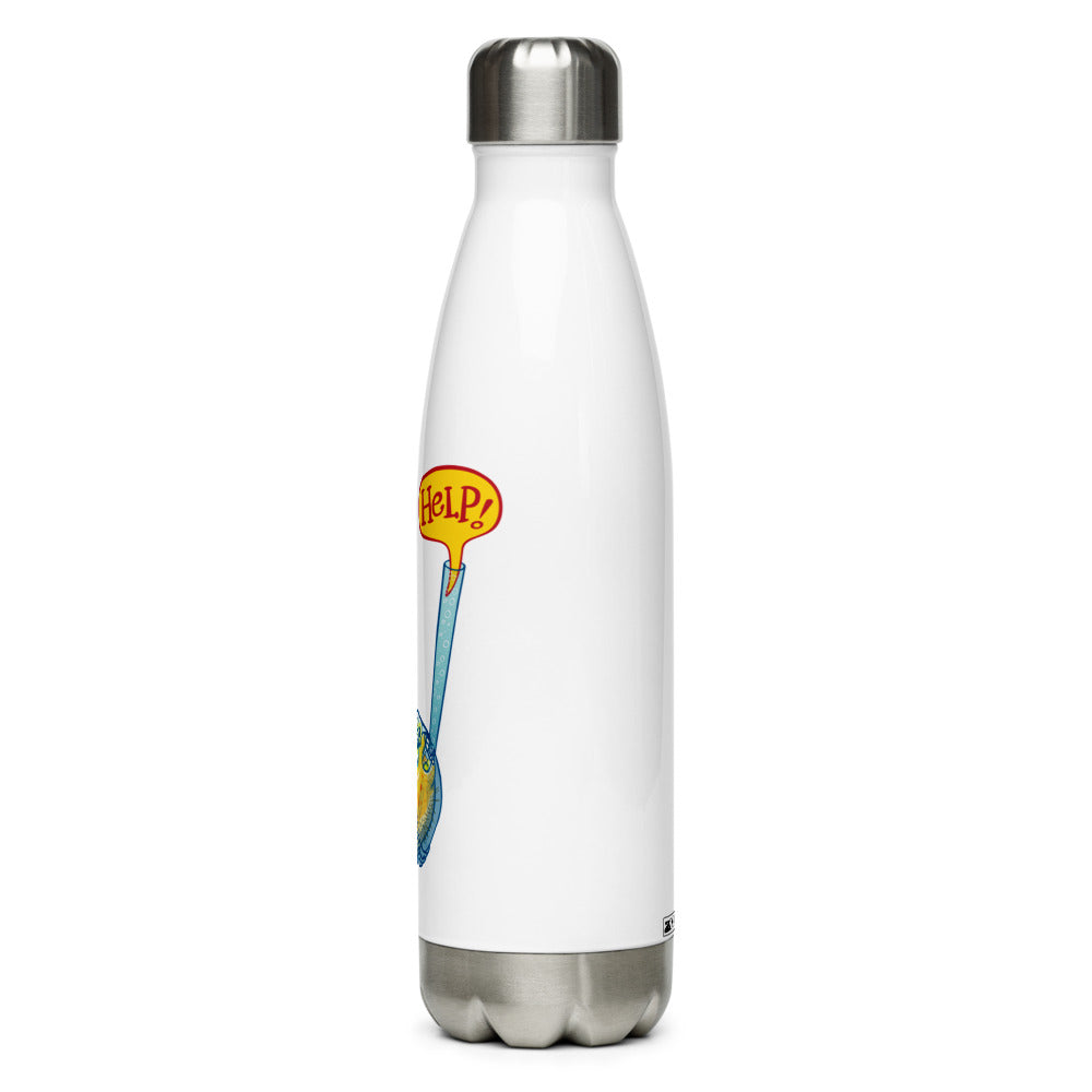 Puffer fish in trouble asking for help while trapped in a plastic glass Stainless Steel Water Bottle. 17 oz. Left view
