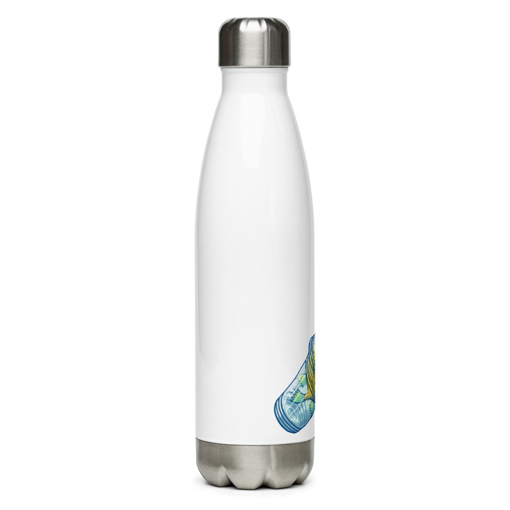 Puffer fish in trouble asking for help while trapped in a plastic glass Stainless Steel Water Bottle. 17 oz. Right view