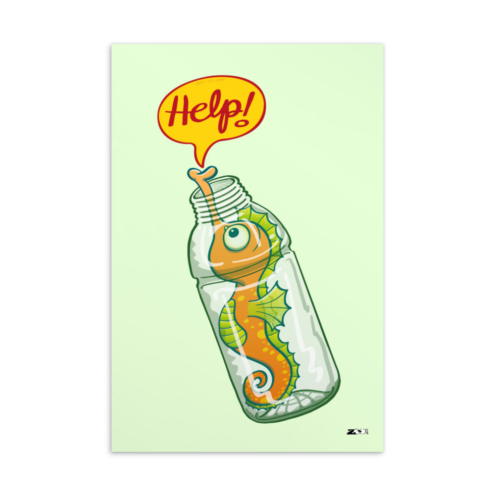 Seahorse in trouble asking for help while trapped in a plastic bottle Standard Postcard