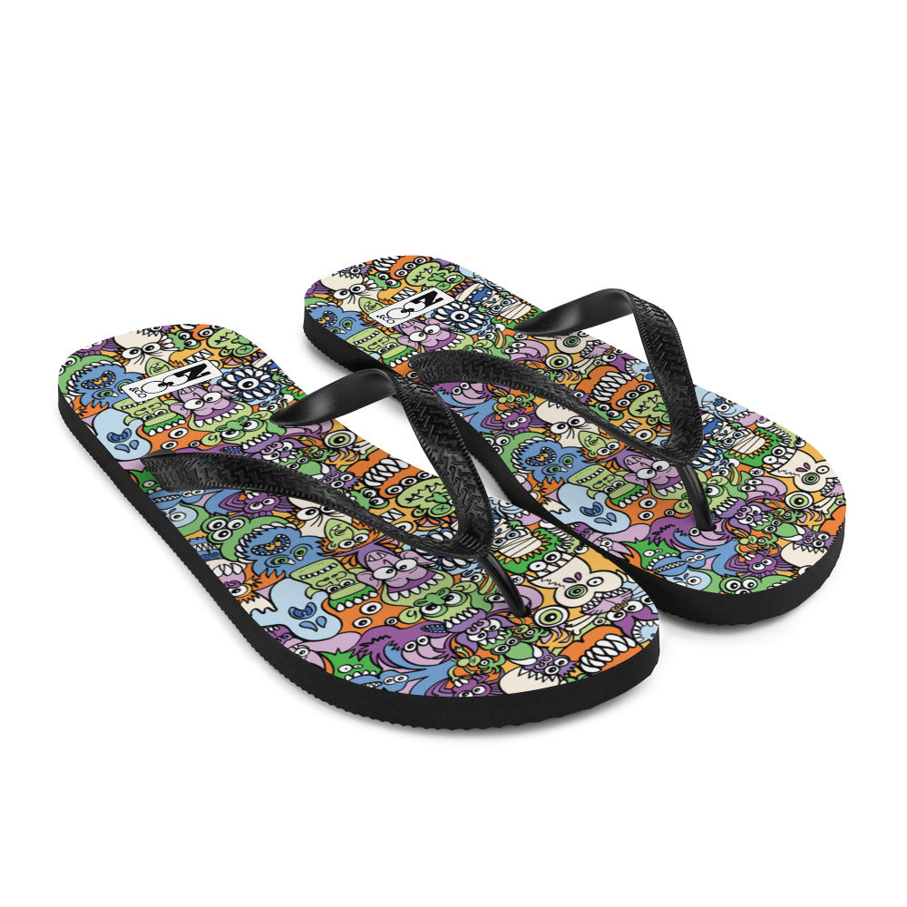 All the spooky Halloween monsters in a pattern design Flip-Flops. Overview