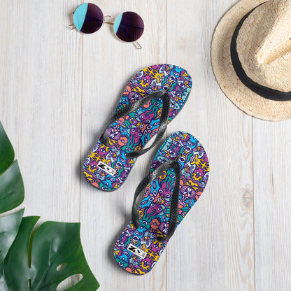 Whimsical design featuring multicolor critters from another world Flip-Flops. Lifestyle