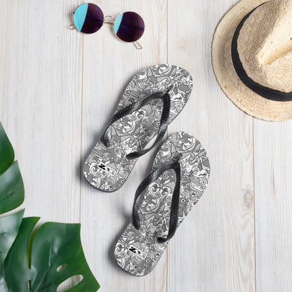 Awesome doodle creatures in a variety of tones of gray Flip-Flops. Lifestyle