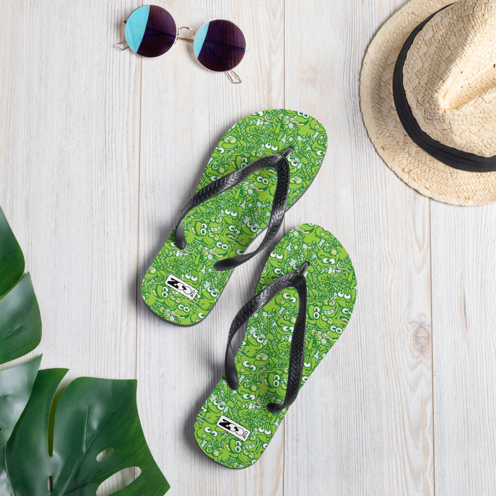 A tangled army of happy green frogs appears when the rain stops Flip-Flops. Lifestyle