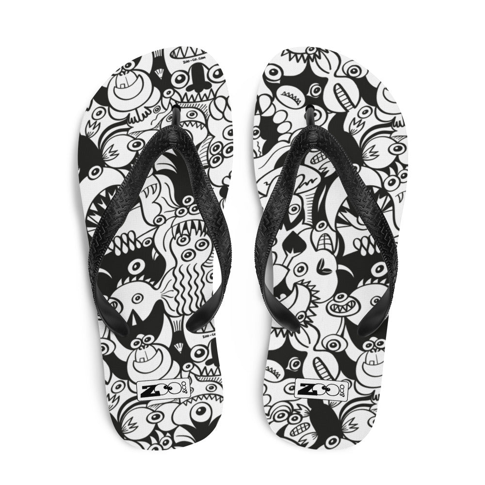 Black and white cool doodles art Flip-Flops. Top view