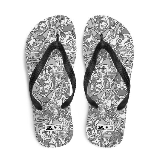 Awesome doodle creatures in a variety of tones of gray Flip-Flops. Top view