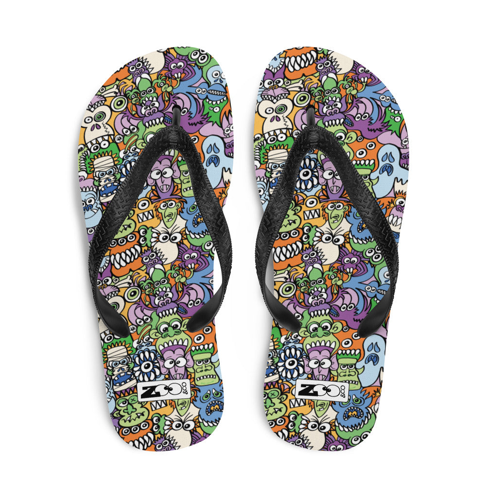 All the spooky Halloween monsters in a pattern design Flip-Flops. Top view